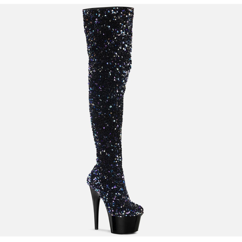 Pleaser Adore 3020 Sequin Thigh High Platform Boots Black Size 10 US 7in Heel